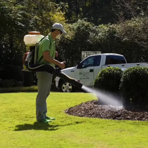 A Mr. Mister Mosquito Control technician using a backpack sprayer to apply treatment on a residential yard in Canton